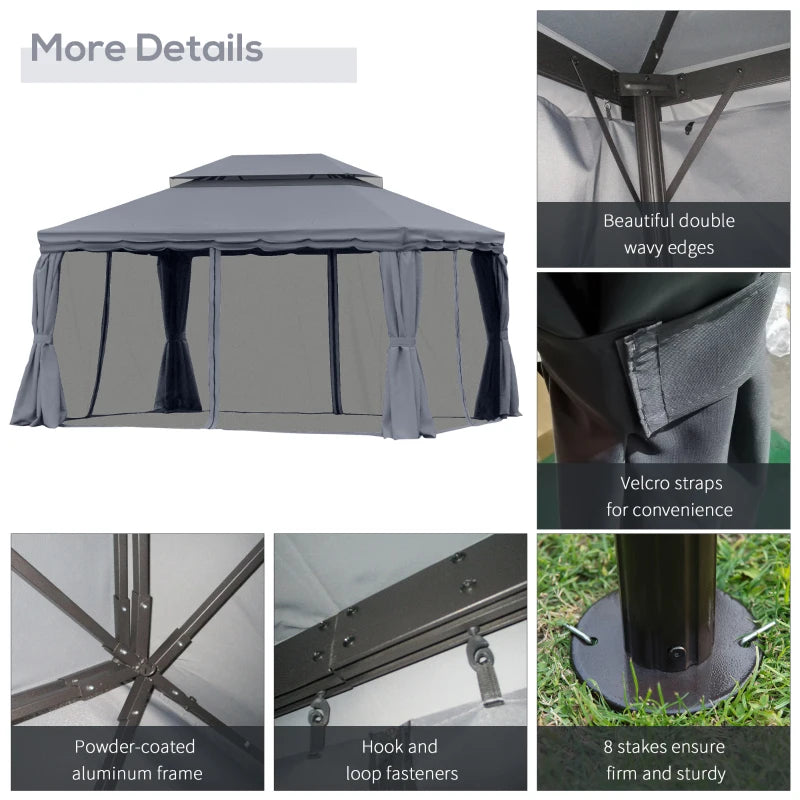 3 x 4m Dark Grey Aluminium Garden Gazebo - Marquee Canopy Shelter Pavilion Tent with Nets and Curtains for Outdoor Parties