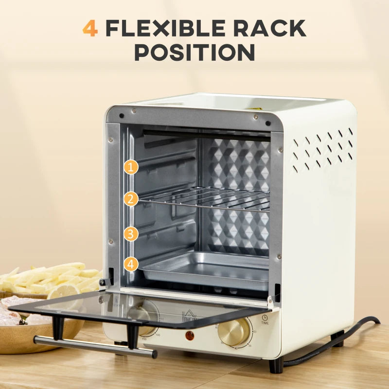 15L Mini Electric Oven & Grill - Adjustable 60-230°C, 60 Min Timer, Includes Baking Tray & Wire Rack, 1000W, Cream White