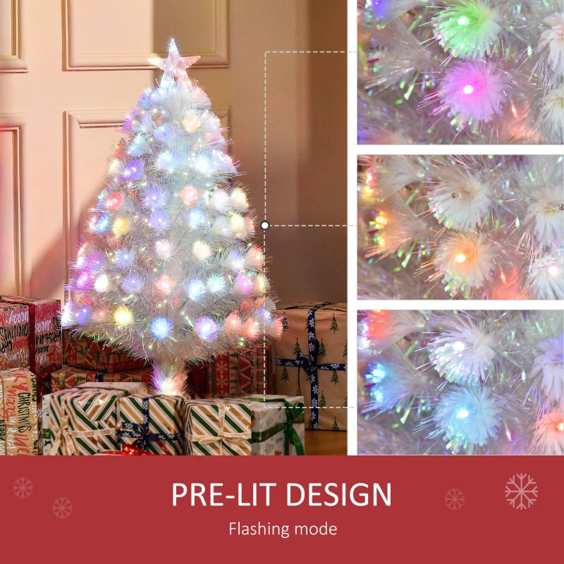 3FT Pre-Lit White Artificial Christmas Tree with Fibre Optic LED Lights - Festive Holiday Home Decoration