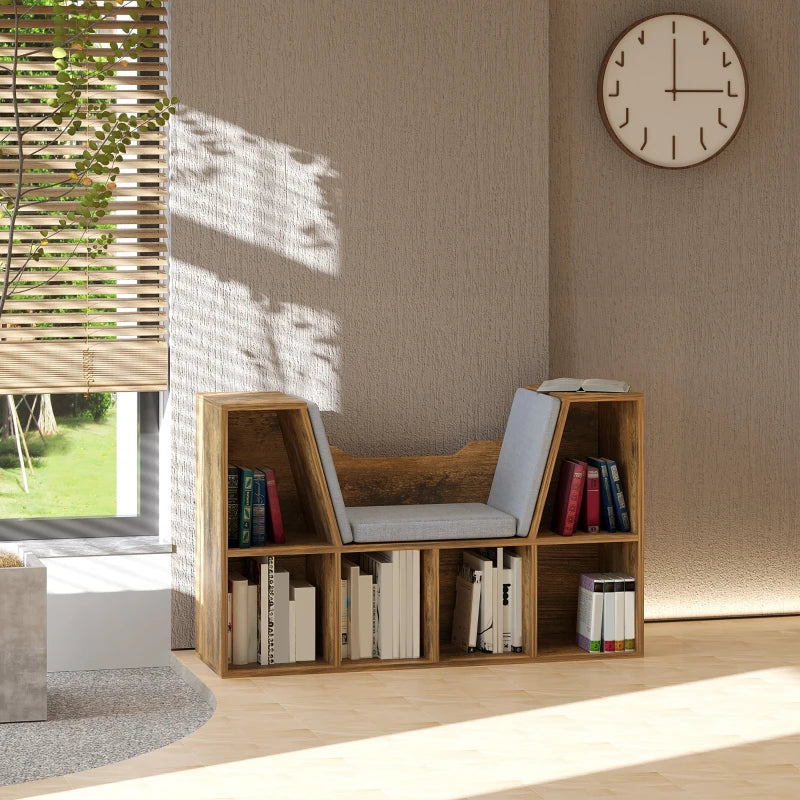 Rustic Brown Bookcase Storage Shelf with Cushioned Reading Seat - Cube Bookshelf Organizer for Bedroom & Living Room