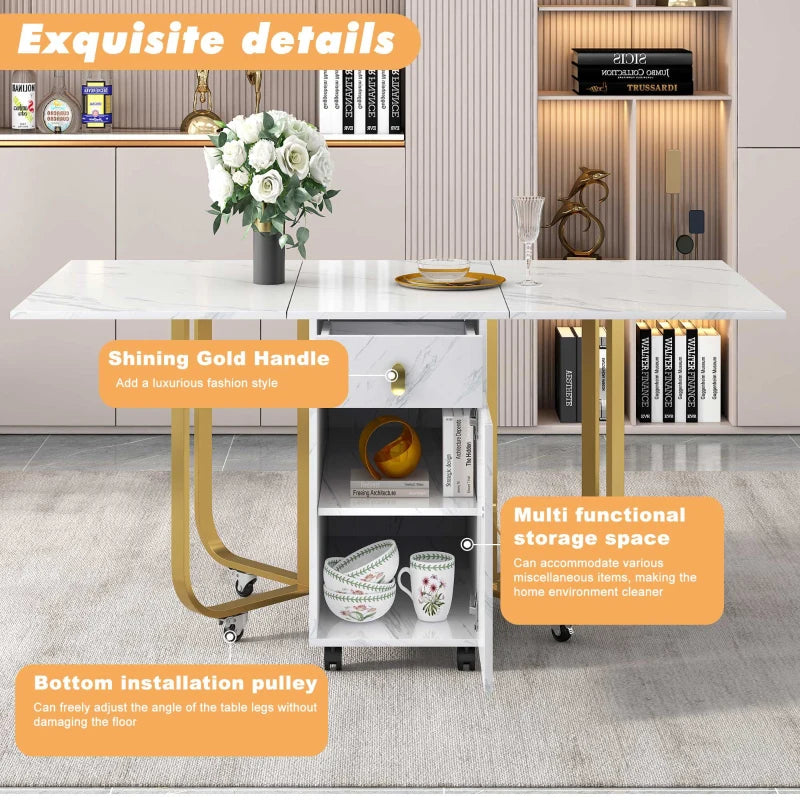 Folding Extendable Dining Table with Cupboard & 2 Drawers - Space-Saving Utility Table on Castors, Adjustable Legs, White/Gold