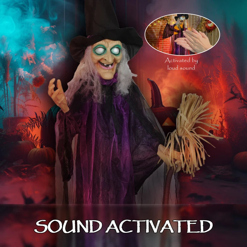 6ft Animated Witch Decoration with Sound - Spooky Purple & White Halloween Prop for Indoor/Outdoor Use
