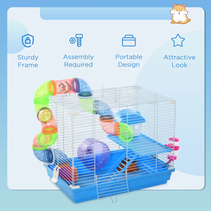 Blue 2-Tier Hamster Cage with Handle, Exercise Wheels, Tunnel, Water Bottle & Accessories for Dwarf Gerbils