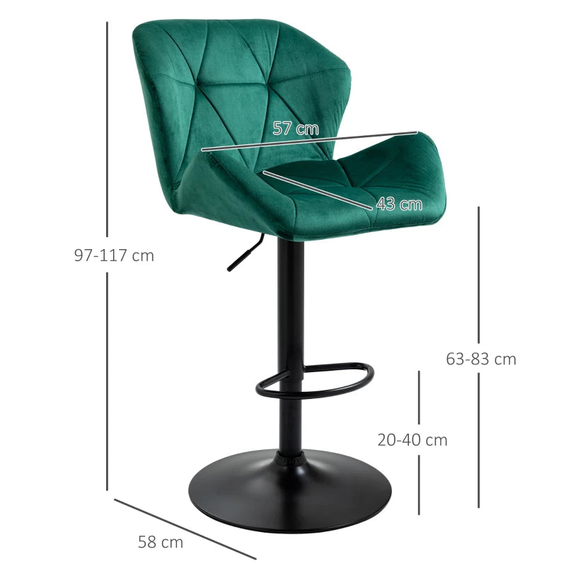 Set of 2 Velvet Bar Stools with Metal Frame Footrest, Adjustable Height, Stylish Green Color for Kitchen or Home Bar