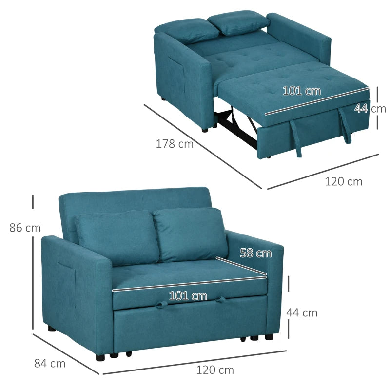 Convertible Loveseat Sofa Bed with Cushions and Side Pockets for Living Room, Stylish Blue Design