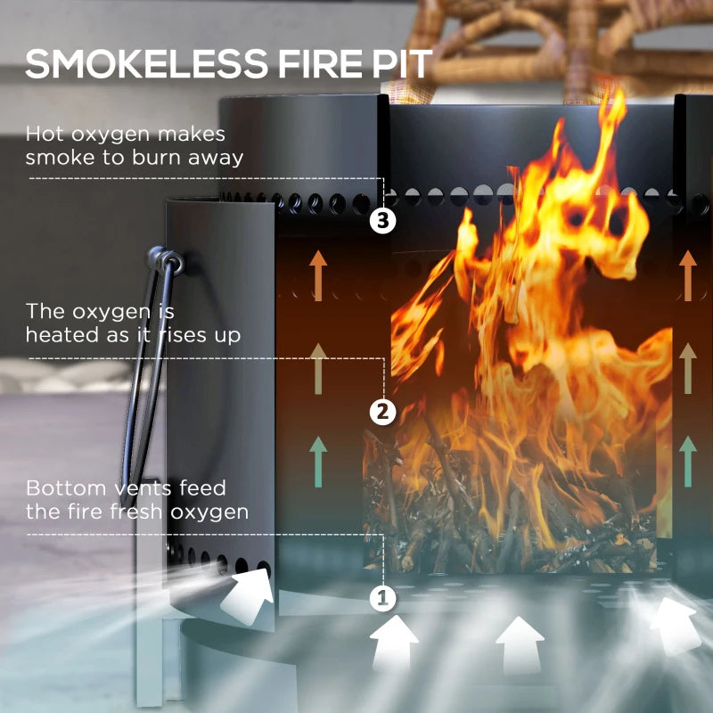 Portable Smokeless Fire Pit with Ash Catcher - 37cm Metal Wood Burning Firepit for Garden, Camping & Bonfire Parties - Black