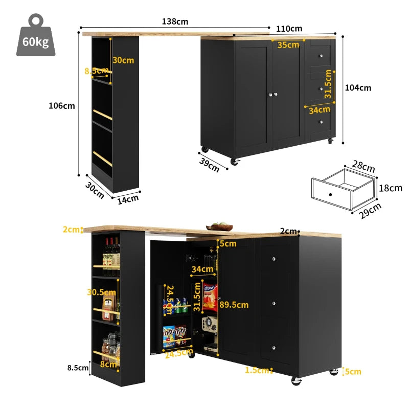 360° Swiveling Dining Table with Snack Rack & Drawers - Multifunctional Kitchen Island on Castors, Black, 209L x 39W x 104H cm