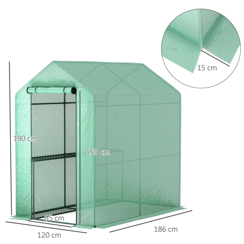 120 x 186cm Walk-In Greenhouse with Shelves - Green Garden Plant House