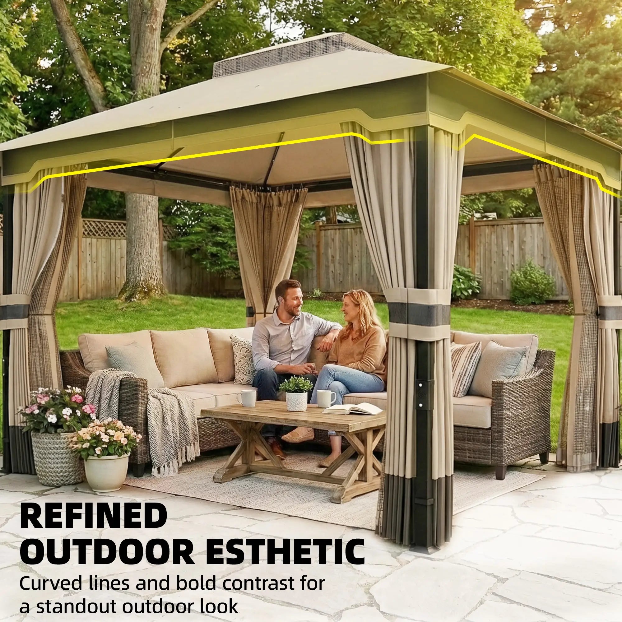 3 x 3.6m Ventilated Double Roof Garden Gazebo with Curtains & Mesh Netting, Heavy Duty Metal Frame Outdoor Patio Pavilion, Khaki
