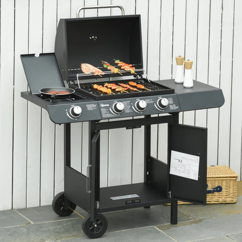 3-Burner Gas BBQ Grill with Side Burner and Storage Cabinet - Black