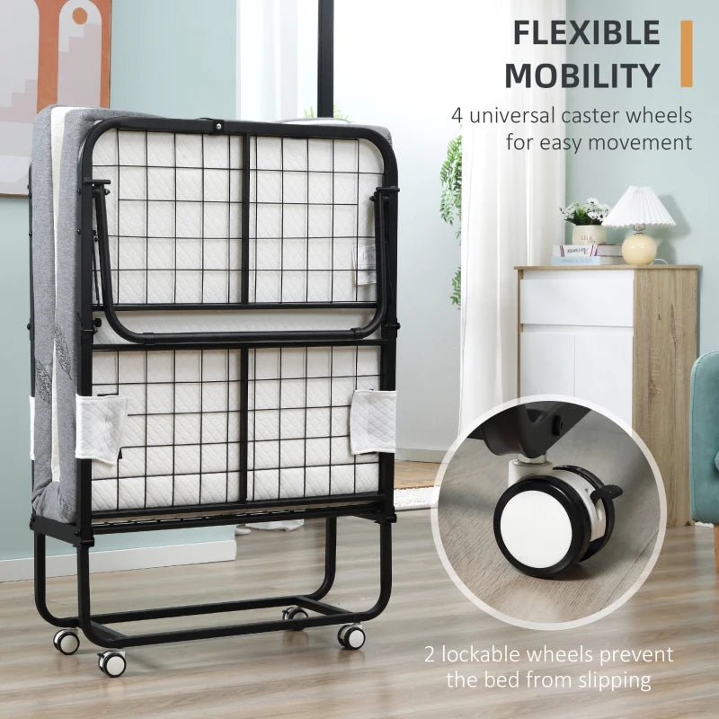 Portable Folding Guest Bed with 10cm Mattress Sturdy Metal Frame on Wheels