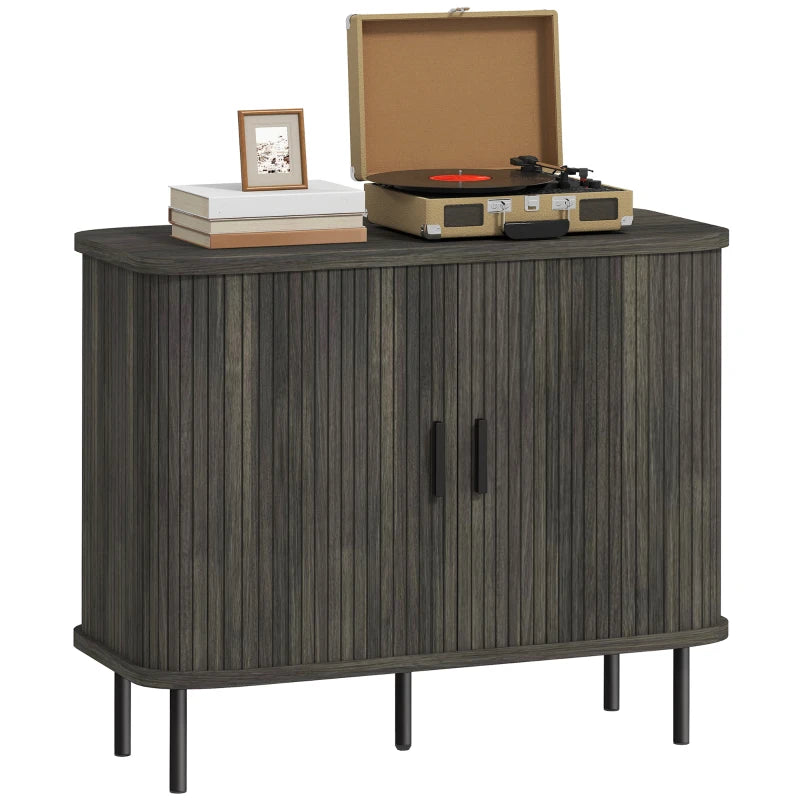 Mid-Century Modern Sideboard Storage Cabinet with Slatted Tambour Doors & Steel Legs - Stylish Grey Kitchen Cabinet