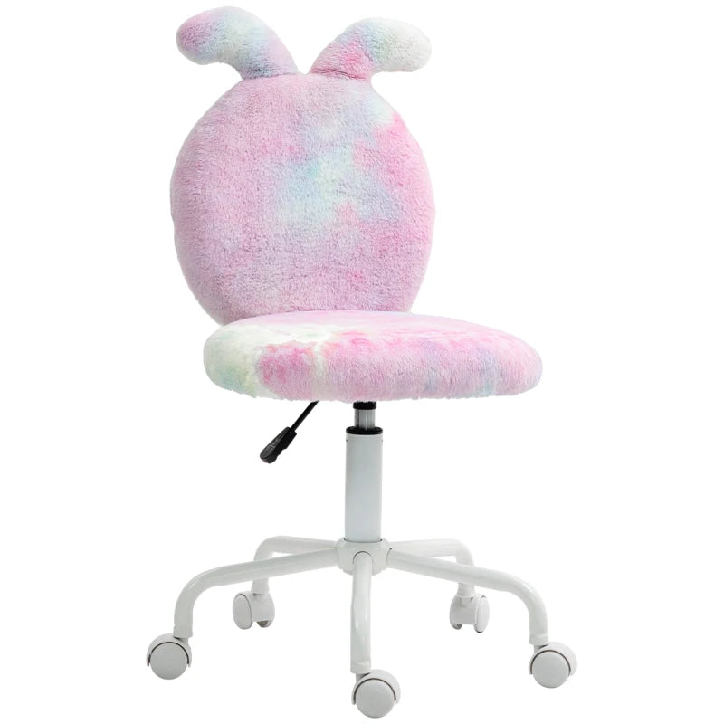 Fuzzy Bunny Ears Office Chair - Faux Fur Swivel Desk Chair, Armless Makeup Vanity Chair, Adjustable Height for Bedroom & Study