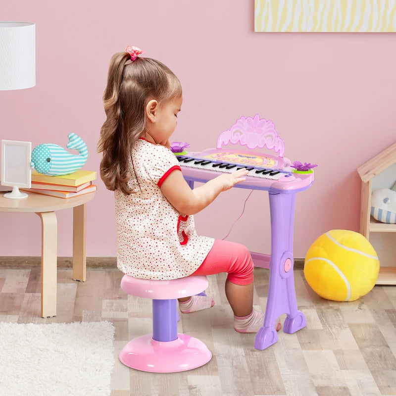 32 Keys Kids Mini Electronic Keyboard - Educational Musical Instrument Toy with Stool & Microphone for Children - Grand Piano Style