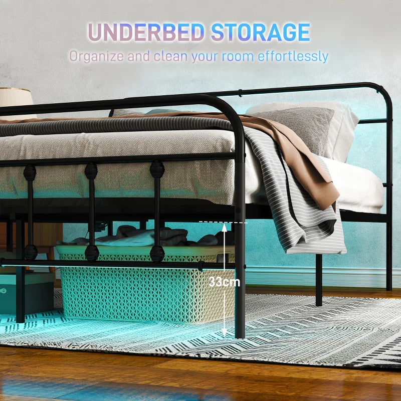 Modern Black Double Bed Frame with LED Lights & Charging Station, Metal Platform Design with Under Bed Storage