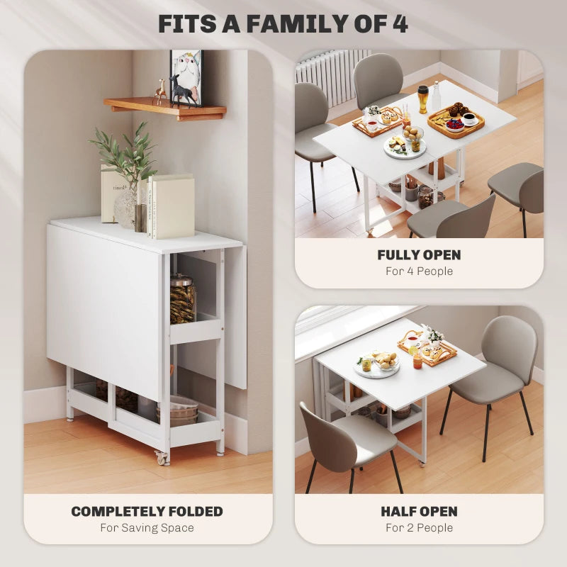 Stylish Four-Person Drop Leaf Table in White - Space-Saving Design for Dining Room or Kitchen