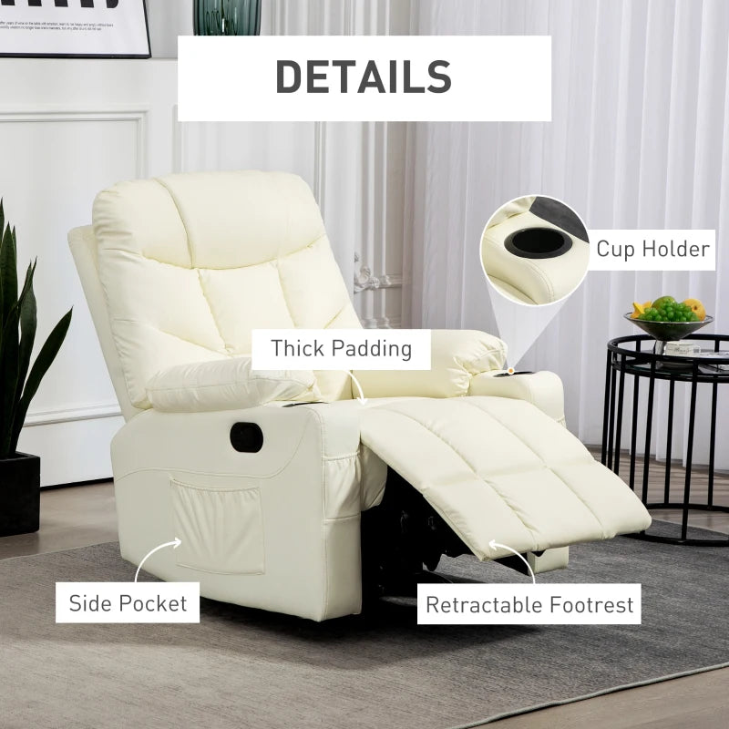 Manual Reclining Armchair with Swivel, Faux Leather, Footrest and Cup Holders - Cream, 86x93x102cm