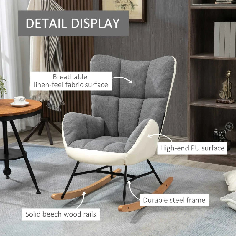 Soft Padded Rocking Wingback Armchair with Wooden Legs in Grey and Cream for Stylish Comfort
