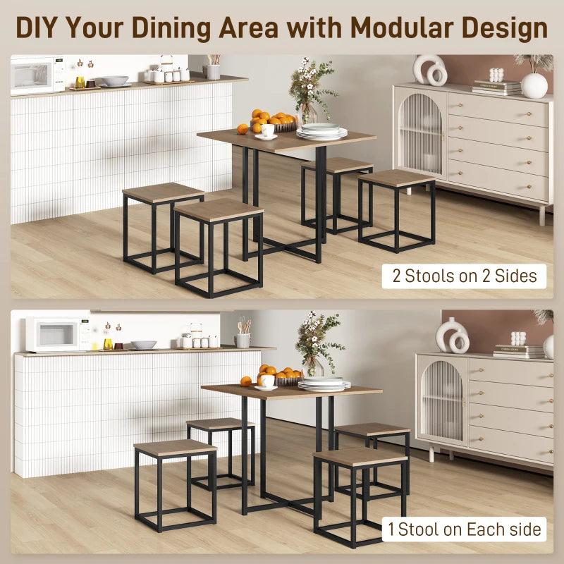 5-Piece Industrial Dining Table & Chairs Set - Space-Saving Metal Frame Square Kitchen Table & Stools - Brown Finish