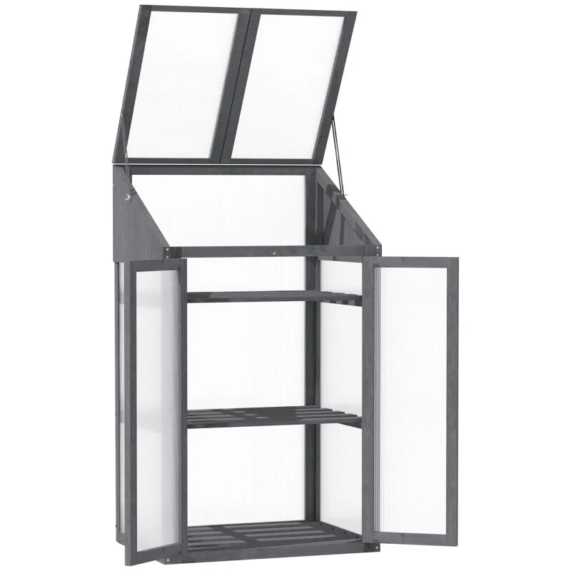 Grey Wooden Cold Frame Greenhouse with Openable Top Cover and Double Door, 70 x 50 x 120cm