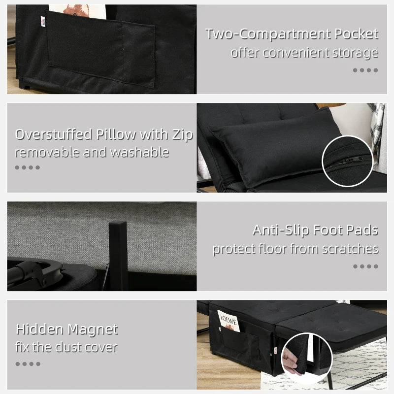 Folding Fabric Sleeper Chair Bed with Adjustable Backrest and Side Pockets for Living Room, Black