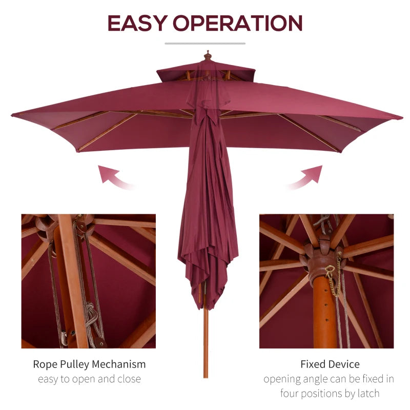 Double Tier Wine Red Wooden Garden Parasol Umbrella
