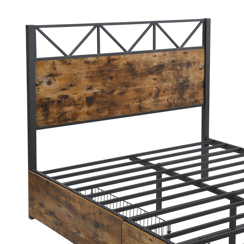 Sturdy Metal Double Bed with 2 Storage Drawers - Iron Frame & MDF, Black, 198L x 137W x 116H cm for Adults & Teens