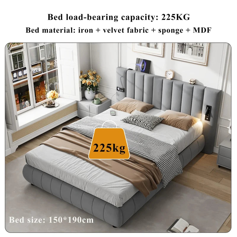 Stylish King Size Upholstered Bed with Stereo and USB Charging Ports Velvet Iron Frame Grey