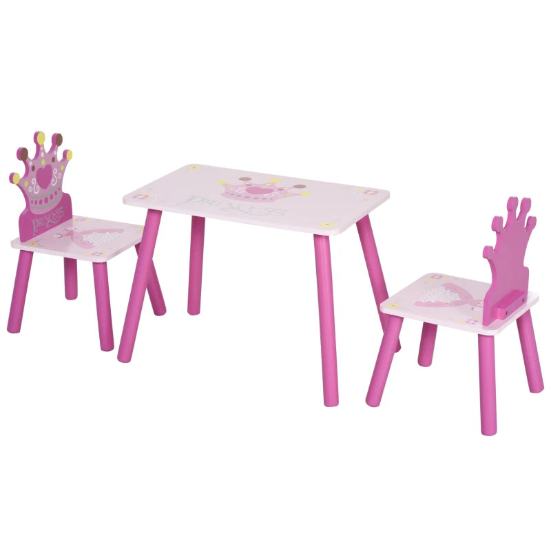 3-Piece Kids Table and Chair Set - Princess & Crown Theme - Pink Home Furniture Gift for Ages 2-4