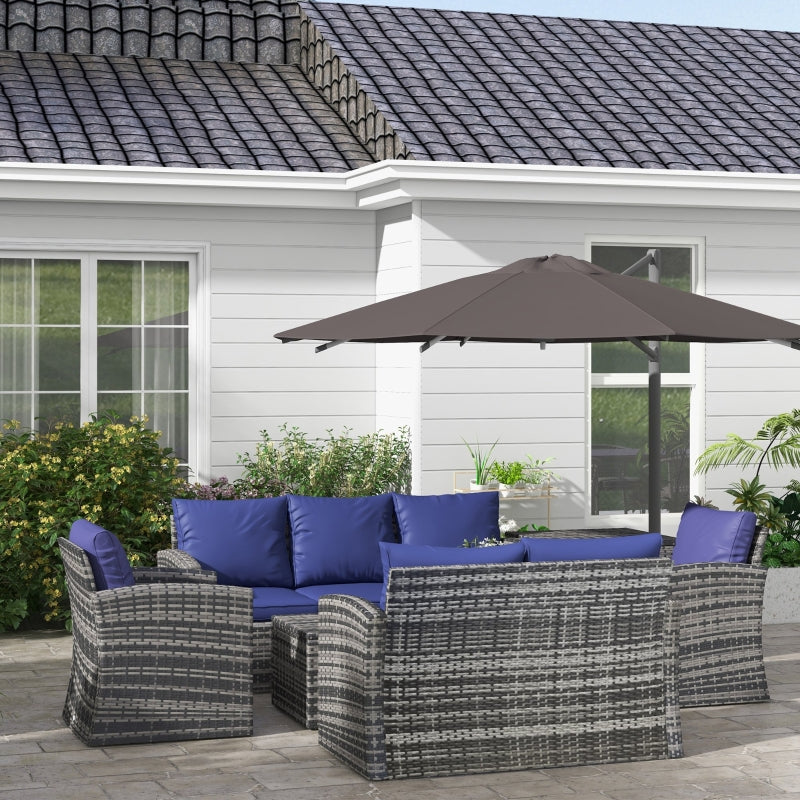 6-Piece Navy Blue Rattan Garden Furniture Set - 7-Seater Wicker Outdoor Sectional Sofa with Cushions & Storage Tea Table