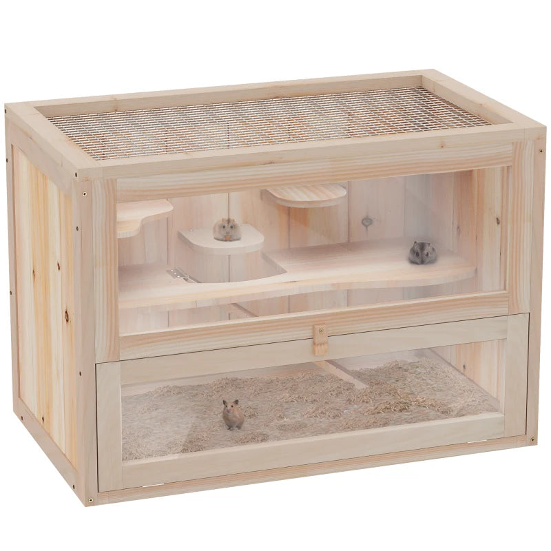 Natural Wooden Hamster Cage for Mice & Small Rodents - 60x35x42cm Exercise Play House Hutch