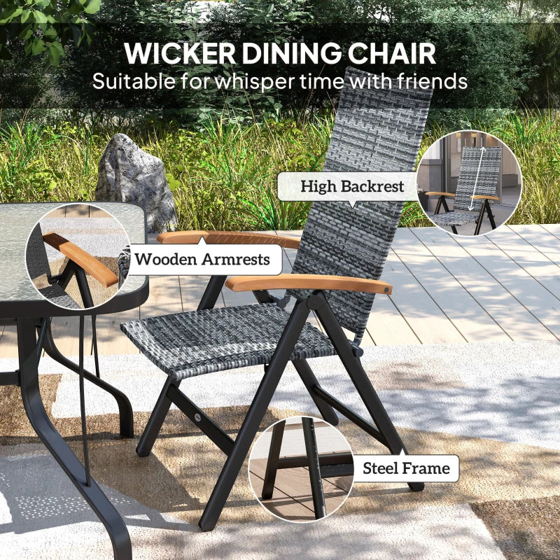 Folding Rattan Garden Dining Chair - 5-Level Reclining High Back, Wood Armrests, Outdoor Patio Furniture - Light Grey