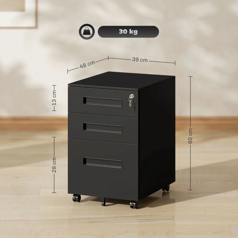 Vinsetto Black Three-Drawer Steel Filing Cabinet - Durable Office Storage Solution for Organizing Documents and Files