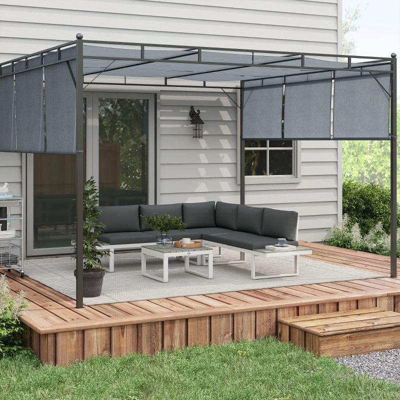 White Framed Metal Corner Sofa Set With Cushions & Woodgrain Table