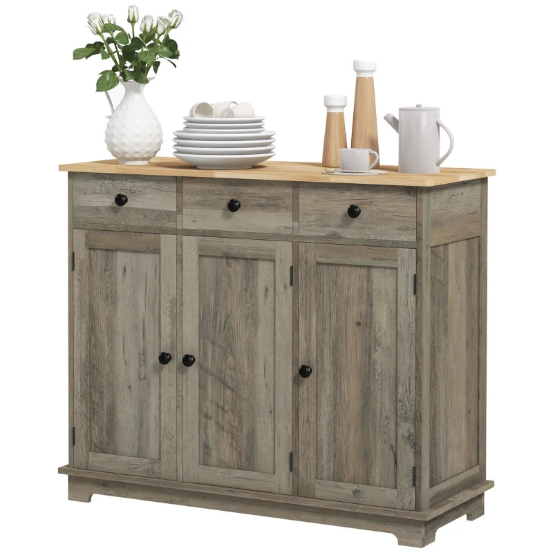 Modern Grey Wood-Effect Sideboard with Rubber Wood Top, 3 Doors, 3 Drawers & Adjustable Shelves - Stylish Storage Cabinet for Dining & Living Room