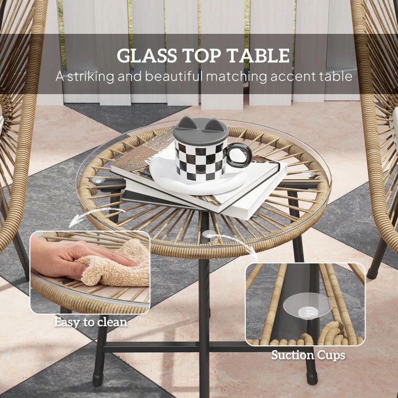 3 Pieces Rattan Bistro Set - Small Garden Table and Chairs with Cushions, Glass Top Coffee Table - Natural Wicker Outdoor Furniture for Patio and Balcony