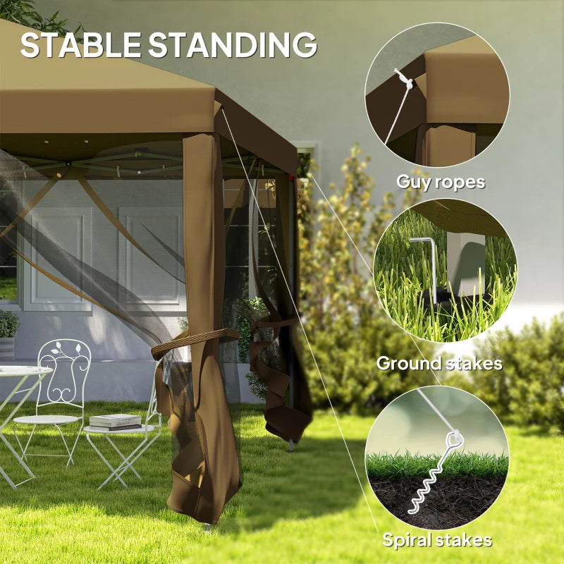 3m x 3m Khaki Pop Up Gazebo - 420D Garden Tent Canopy with Removable Mesh Sidewall Netting & Carry Bag for Outdoor Patio