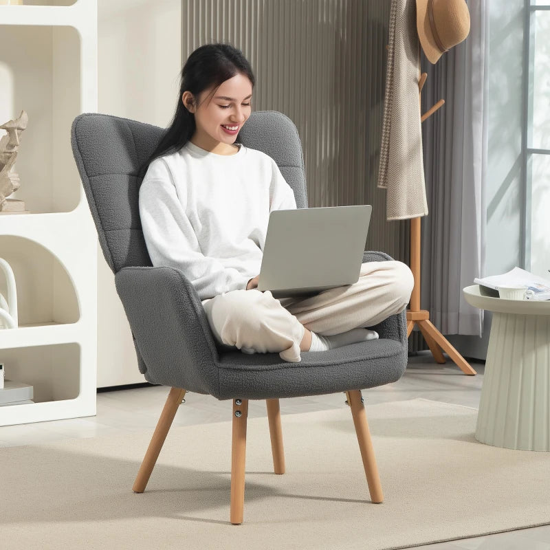 Grey Teddy Fleece Wingback Accent Chair for Stylish Living Room Decor