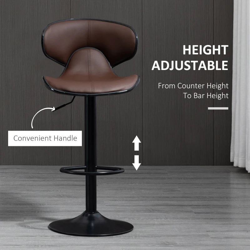 Adjustable Brown Breakfast Bar Stools Set of 2 with Curved Back 62-82cm for Kitchen, Bar, Cafe