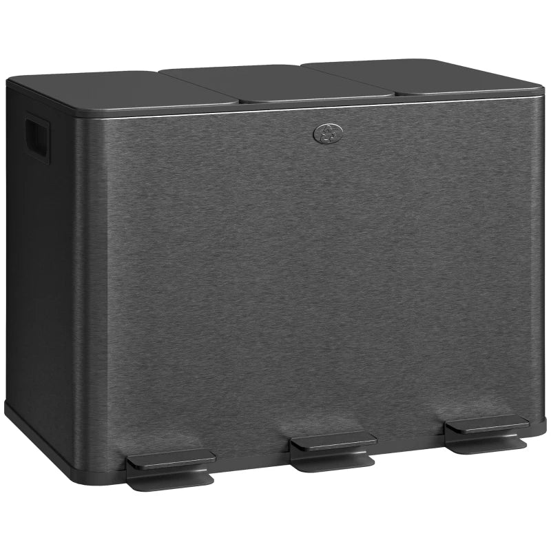 3 x 20L Steel Pedal Bin Set - Triple Kitchen Trash Can with Soft Close Lid, Removable Buckets, Fingerprint-Proof, Black