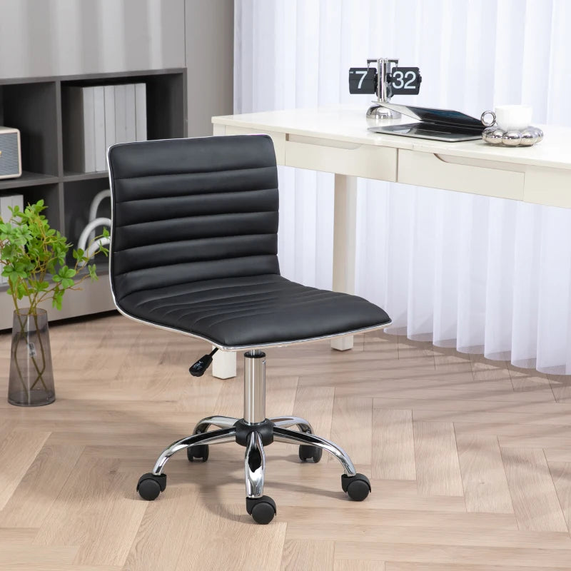 Armless Swivel Task Desk Chair with Faux Leather Adjustable Height Chrome Base and Wheels for Home Office Black