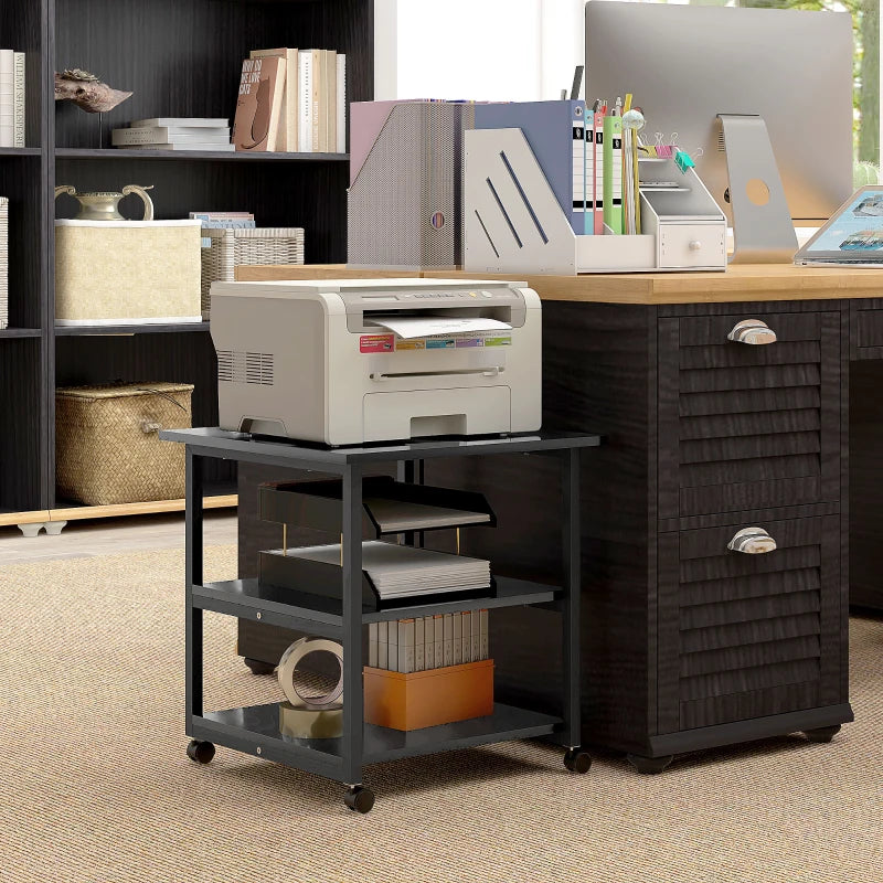 Three-Tier Black Steel Printer Stand on Wheels - Mobile Storage Solution for Home Office & Workspace