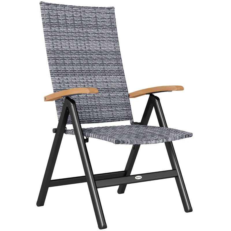 Folding Rattan Garden Dining Chair - 5-Level Reclining High Back, Wood Armrests, Outdoor Patio Furniture - Light Grey