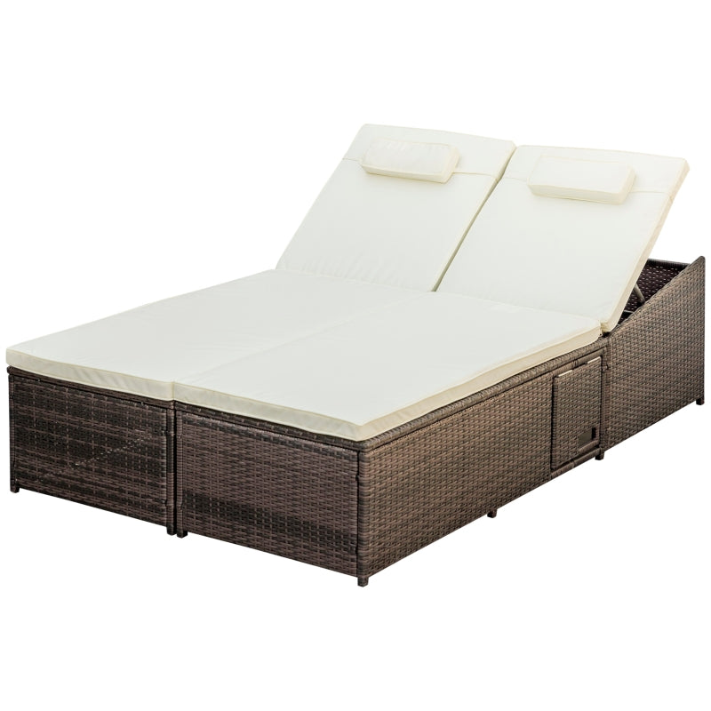 Double Rattan Sun Lounger Recliner Day Bed - Cream