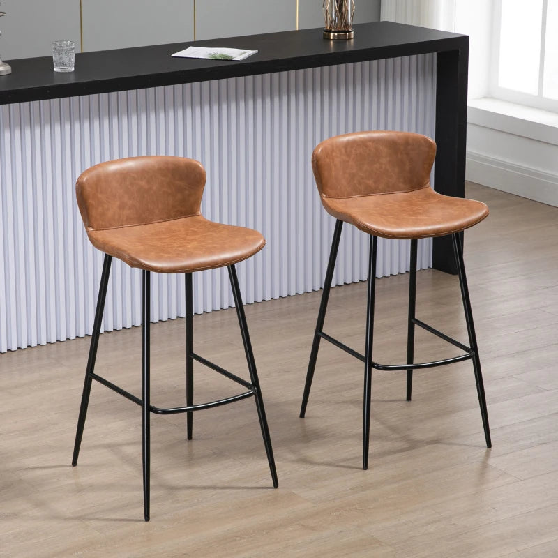 Set of 2 Brown PU Leather Bar Stools with Backs, Steel Legs & Footrests - Stylish Kitchen Counter Chairs