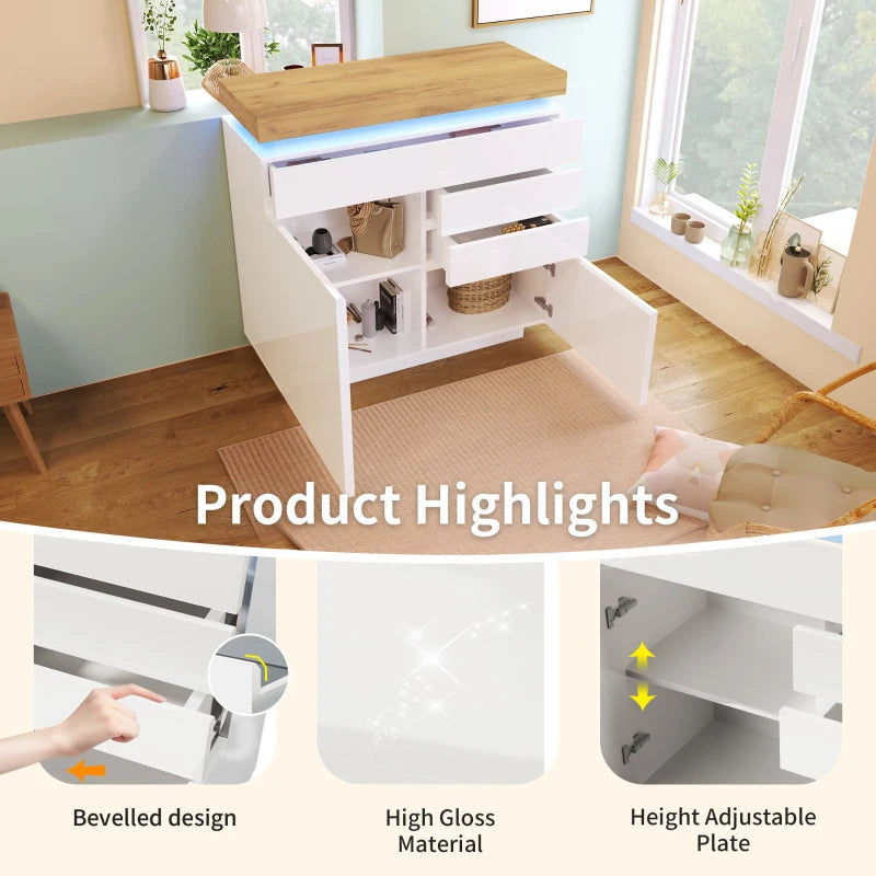 High-Gloss White Chest of Drawers with LED Lighting - 2 Doors & 3 Drawers Sideboard Cabinet, 110x39x115 cm
