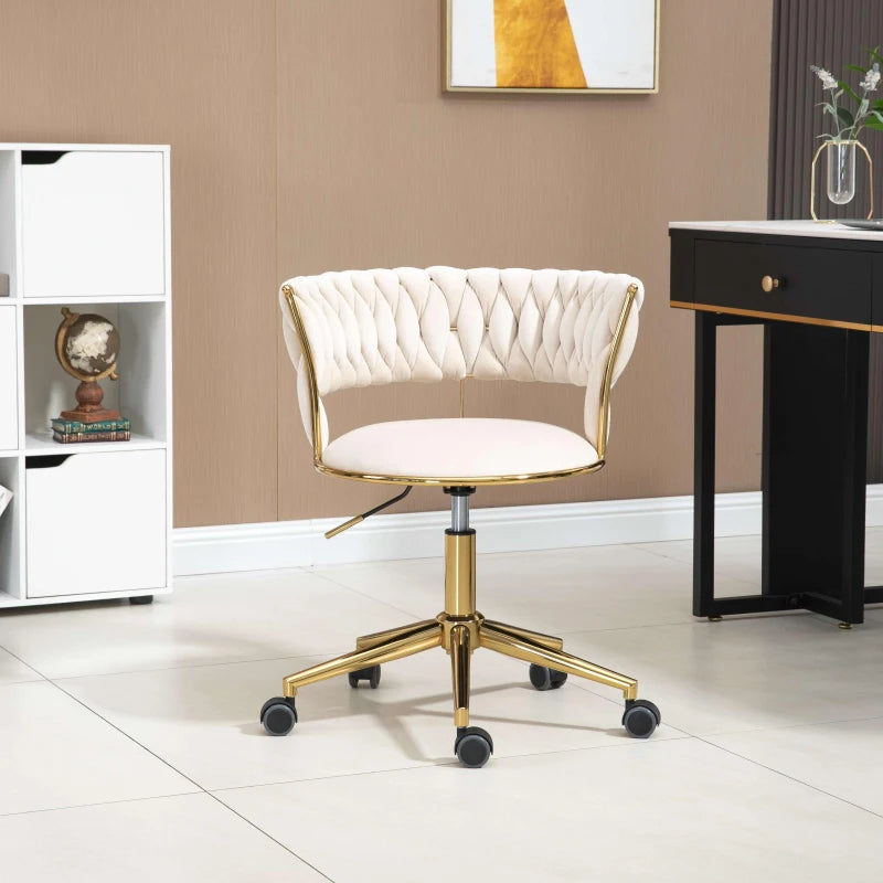 Ivory Velvet 360° Swivel Computer Chair with Backrest, Adjustable Height, 5 Wheels, Stainless Base, 62x62x77 cm