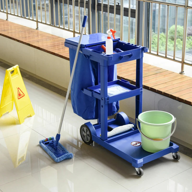 Blue Janitor Cleaning Trolley with Bin, Shelves & Hooks - Heavy-Duty Utility Cart for Efficient Cleaning Solutions