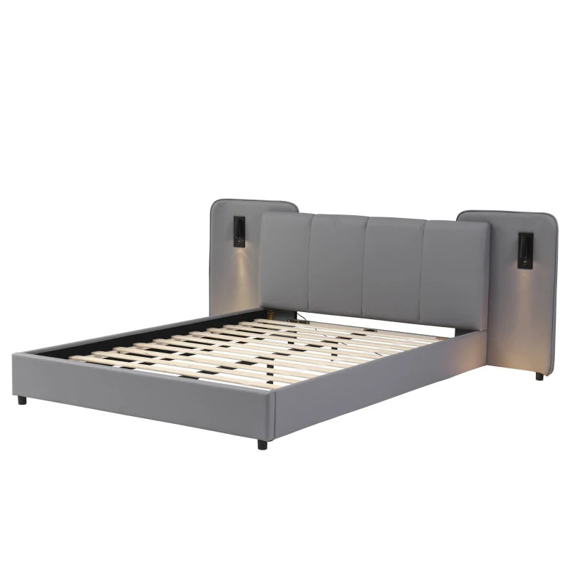 Upholstered Full-Size Double Bed with Charging Port & LED Lighting - Grey, Impact-Resistant Sponge Padding, 209L x 221W x 86.5H cm