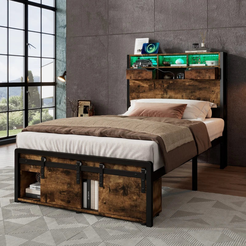 Modern Metal Single Bed with LED Lights & USB Charging Ports, Sturdy Iron Slats, Black & Natural, 209x90.5x114.5 cm